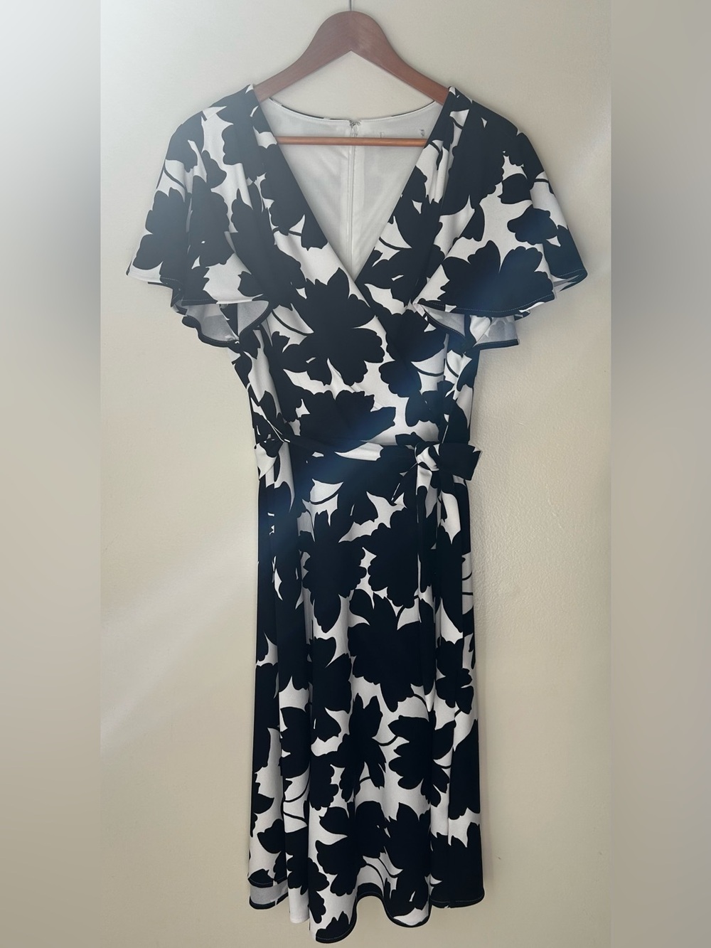 Navy and white Floral Midi Wrap Dress with Flutter Sleeves